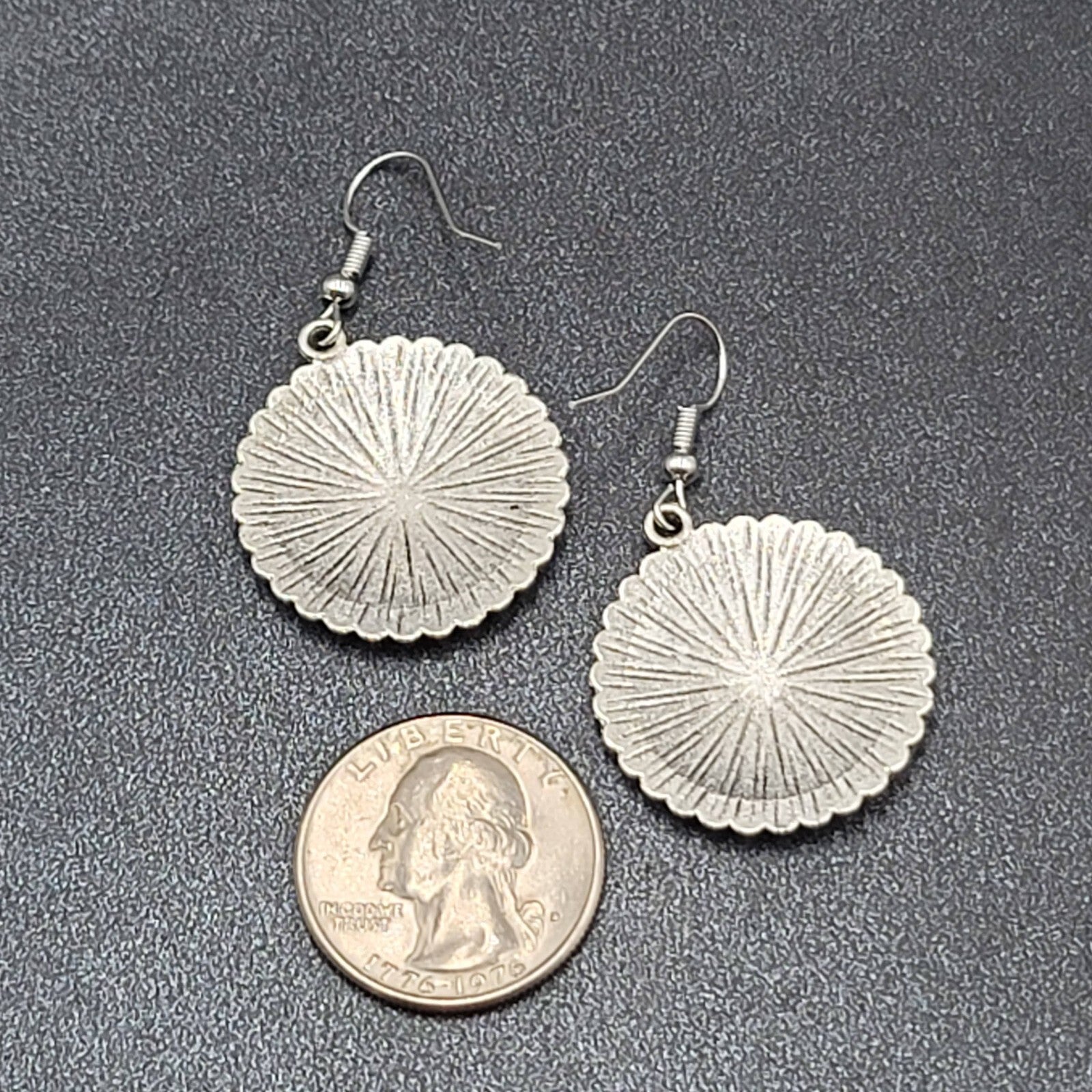 Pierced Earrings Silver tone Enamel Medallion Round Dangle Multicolor 1"