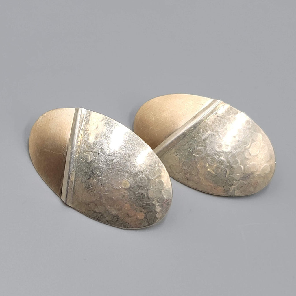 Pierced Earrings Hammered Silver and Gold tones Oval Drop Gold Filled Posts 1.5"