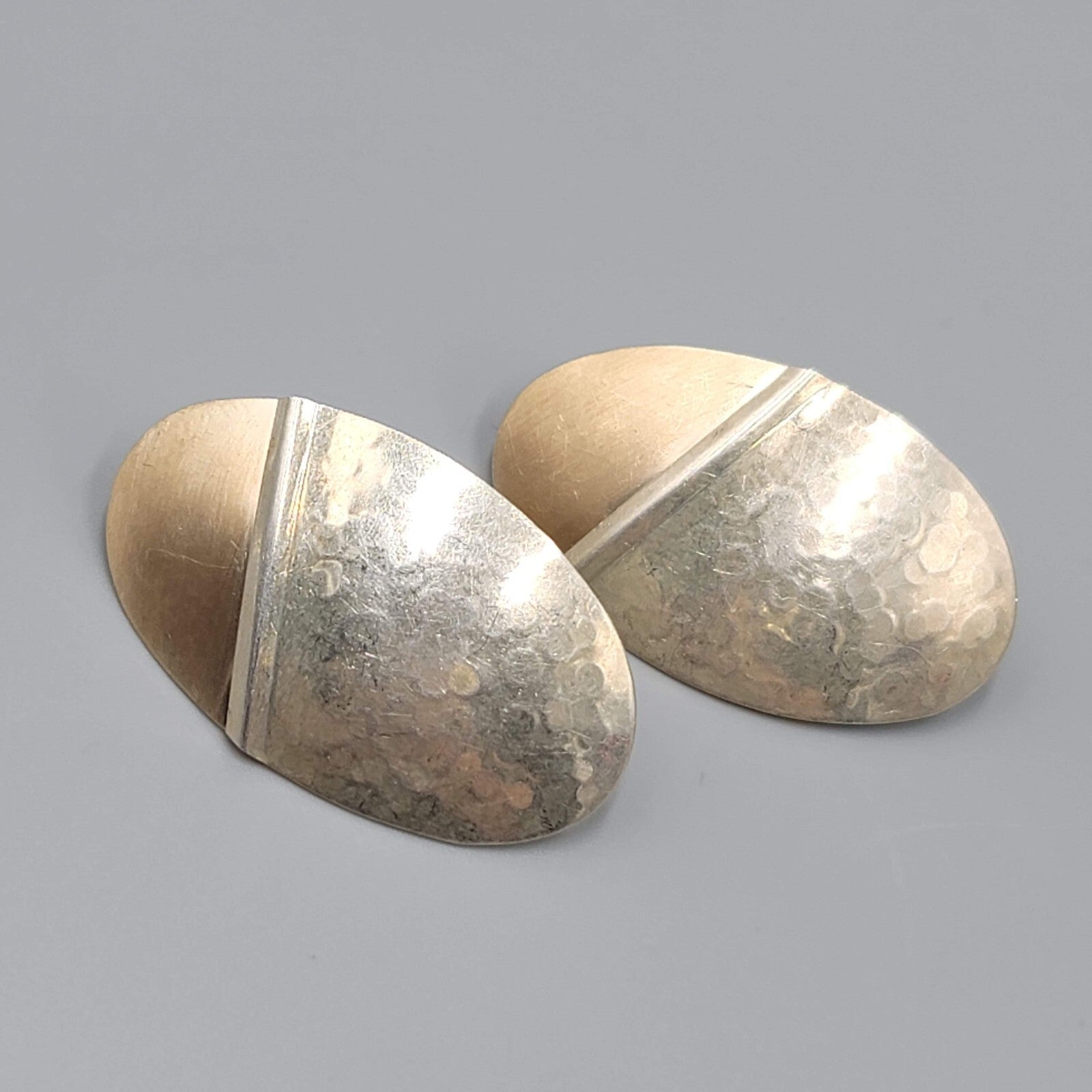 Pierced Earrings Hammered Silver and Gold tones Oval Drop Gold Filled Posts 1.5"
