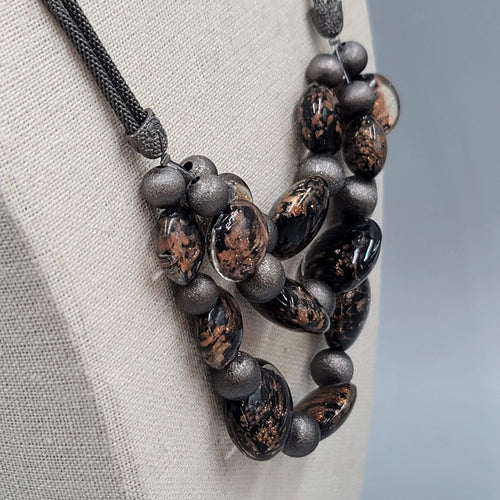 Chicos Necklace Gunmetal Gray Mesh Brown Dichroic Glass Beads 18"