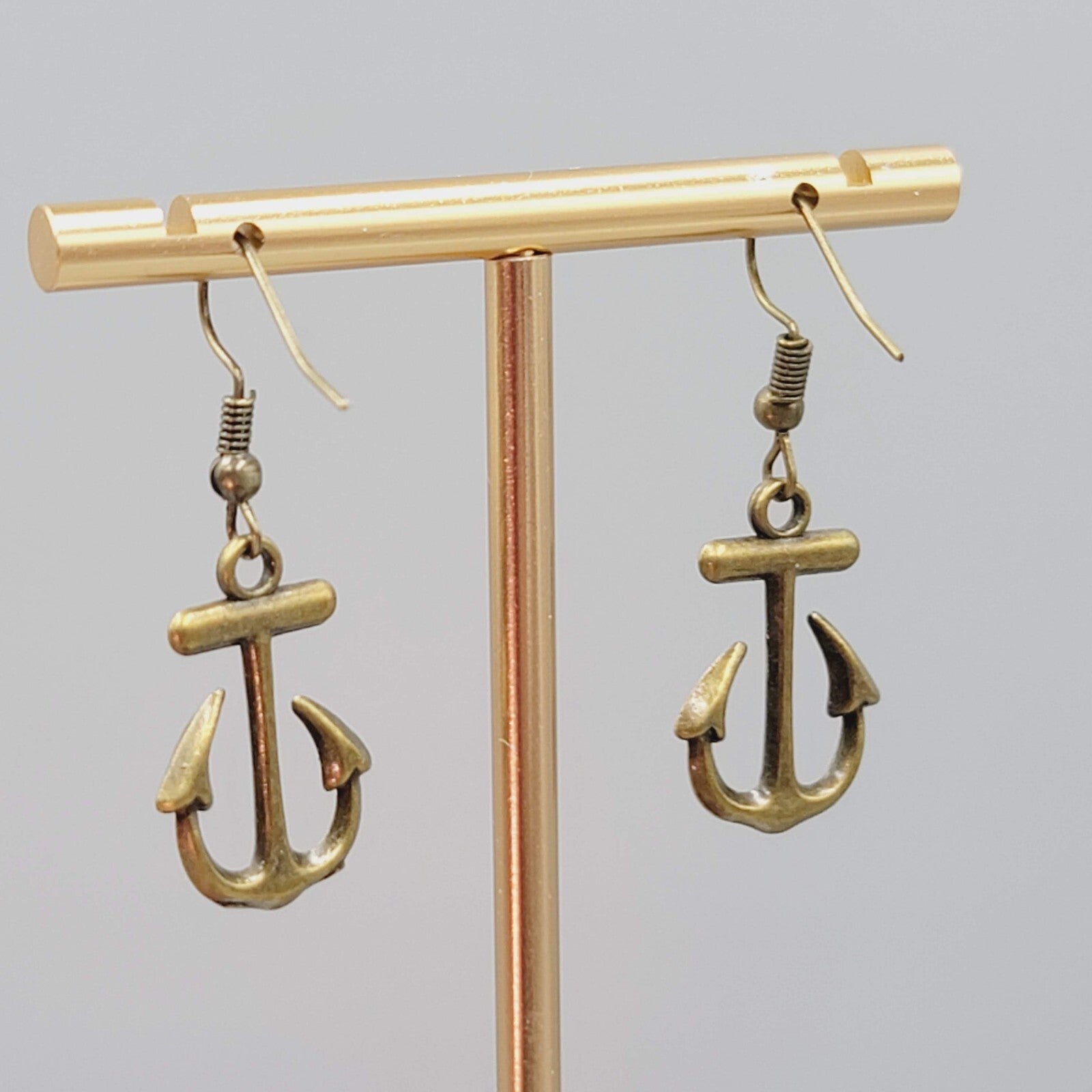 Boat Anchor Nautical Pierced Earrings Bronze tone Dangle 7/8"