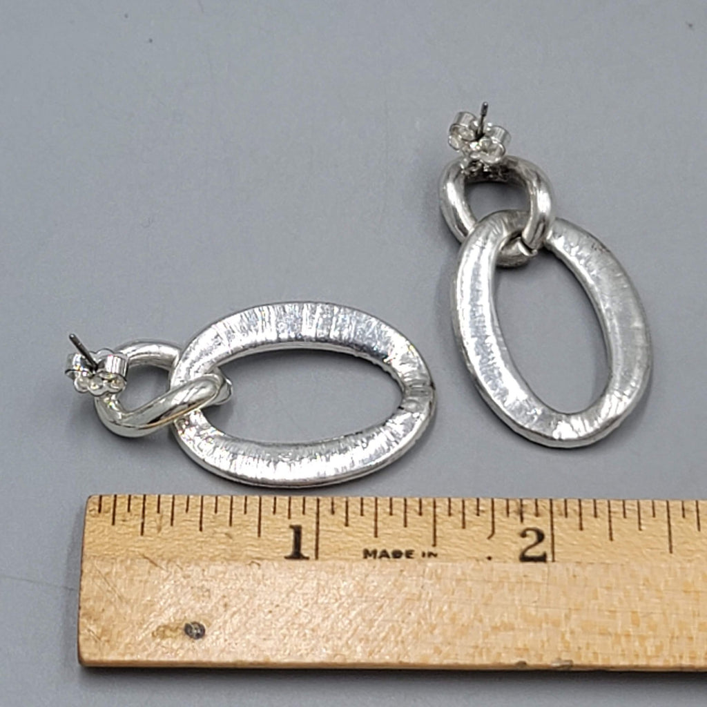 Pierced Earrings Rhinestone Silver tone Dangle Open Work Double Link 1.5"