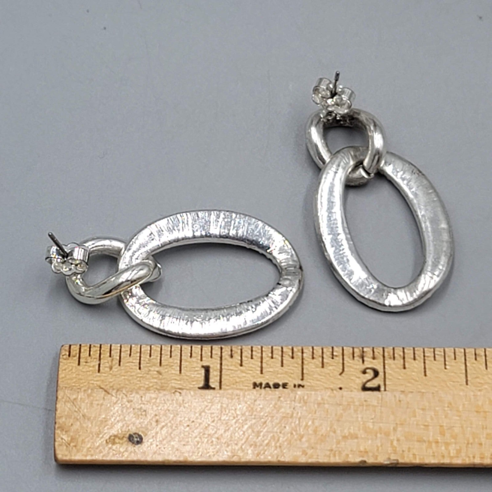 Pierced Earrings Rhinestone Silver tone Dangle Open Work Double Link 1.5"