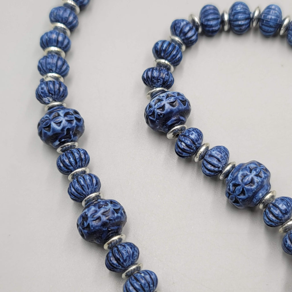 Vintage Textured Blue Bead Necklace Silver tone Spacers 24"