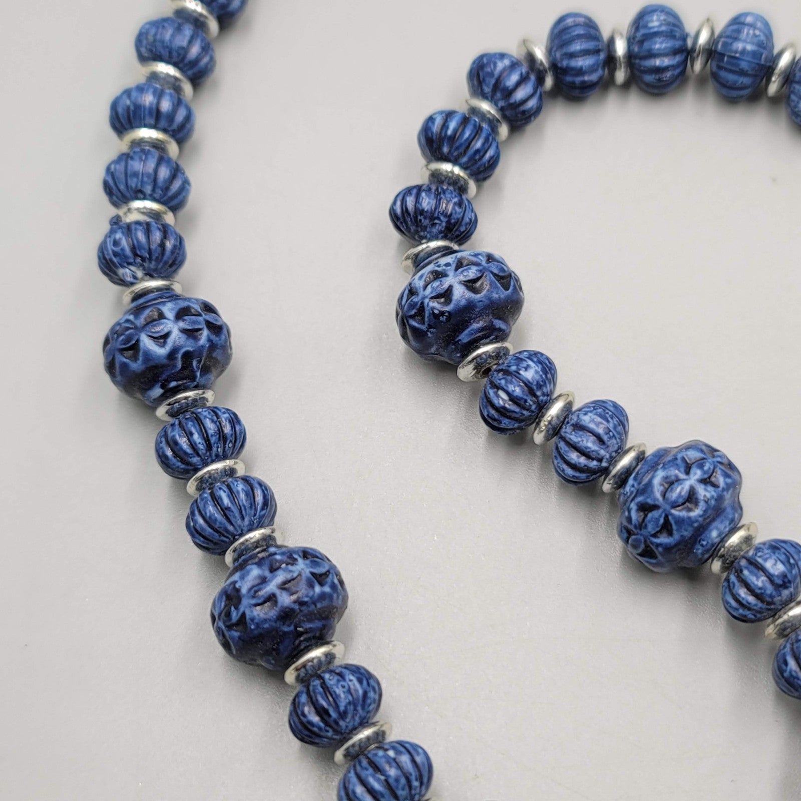 Vintage Textured Blue Bead Necklace Silver tone Spacers 24"
