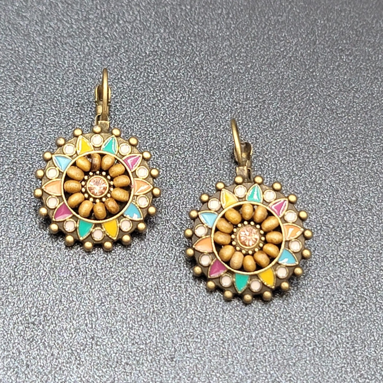 New Boho Pierced Earrings Bronze tone Medallion Enamel Wood Bead 1"
