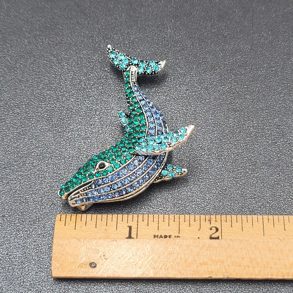Crystal Rhinestone Brooch Blue Whale Sea life Silver tone 2"