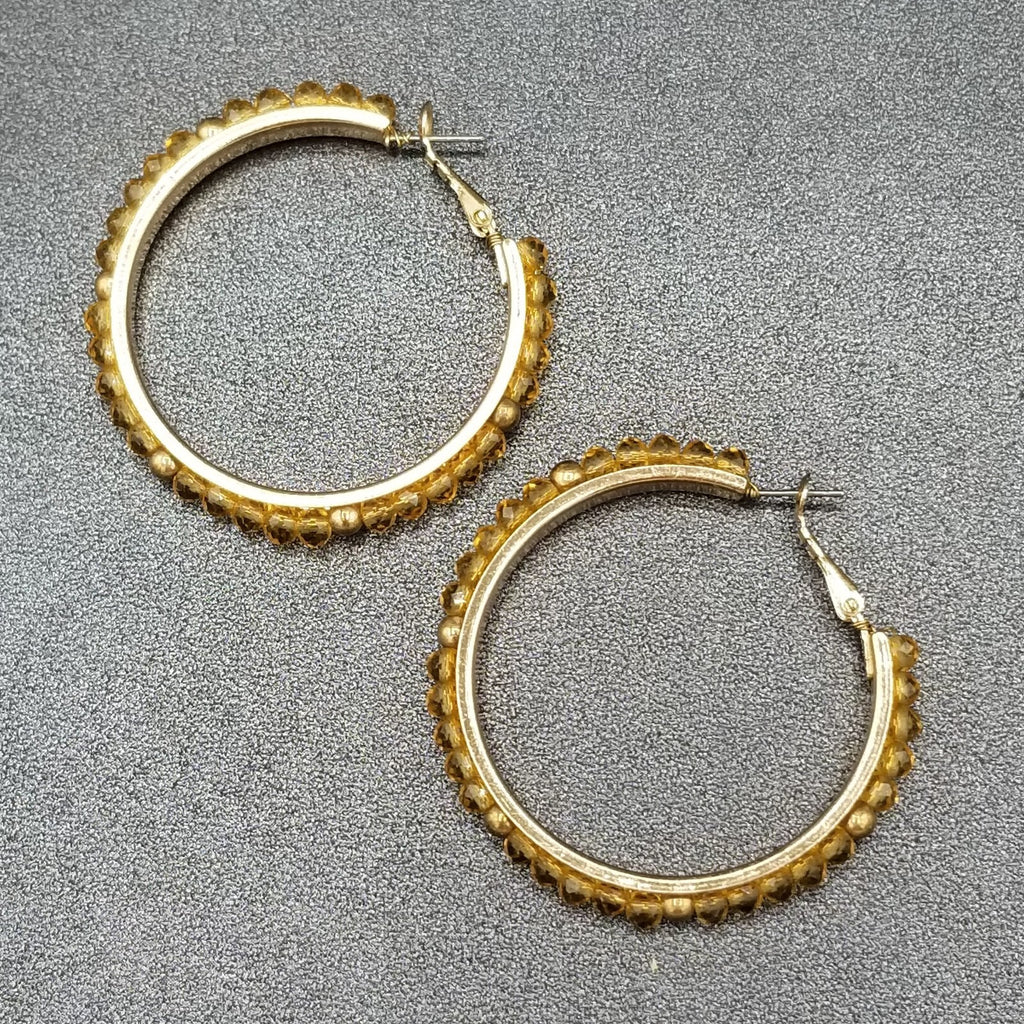 Pierced Earrings Gold tone Faceted Beaded Hoops 2"