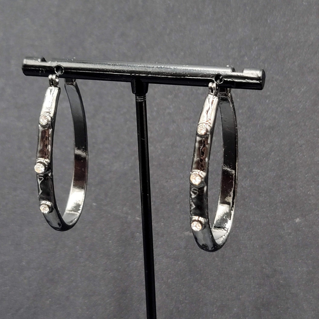 Pierced Earrings Black Metal Crystal Rhinestone Studded Oval Hoops 1 5/8"