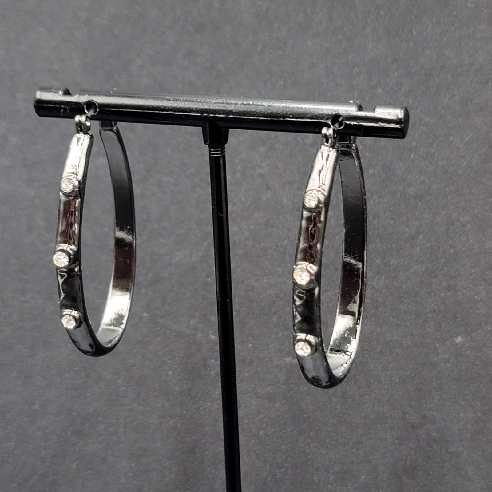 Pierced Earrings Black Metal Crystal Rhinestone Studded Oval Hoops 1 5/8"