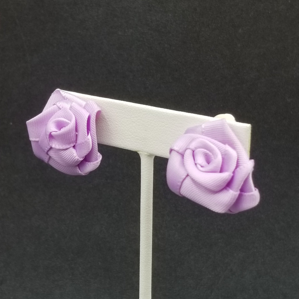 Vintage Clip on Earrings Purple Fabric Flower Bow Statement Stud 1"