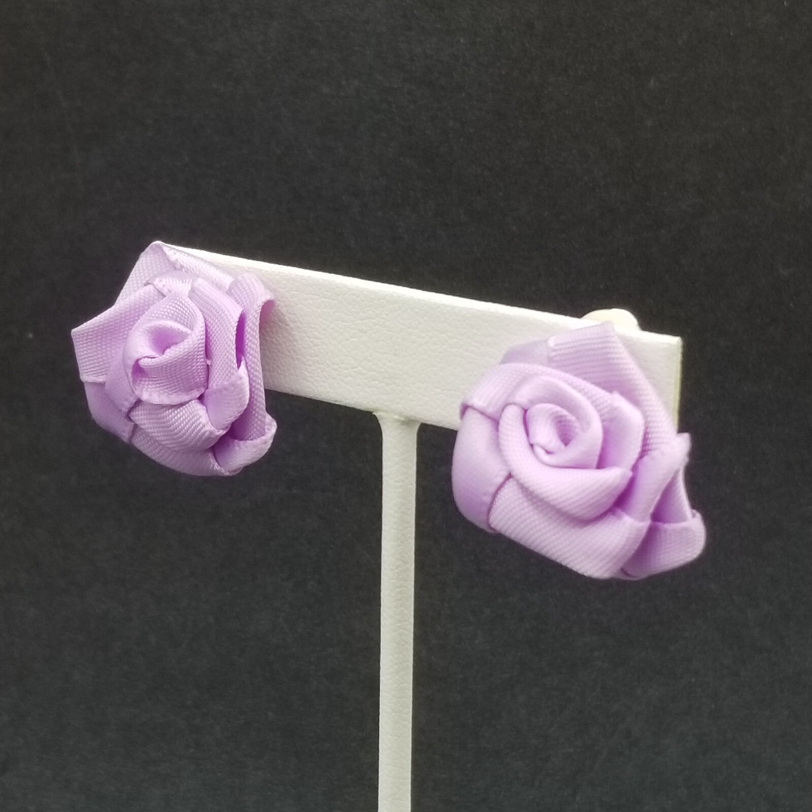 Vintage Clip on Earrings Purple Fabric Flower Bow Statement Stud 1"
