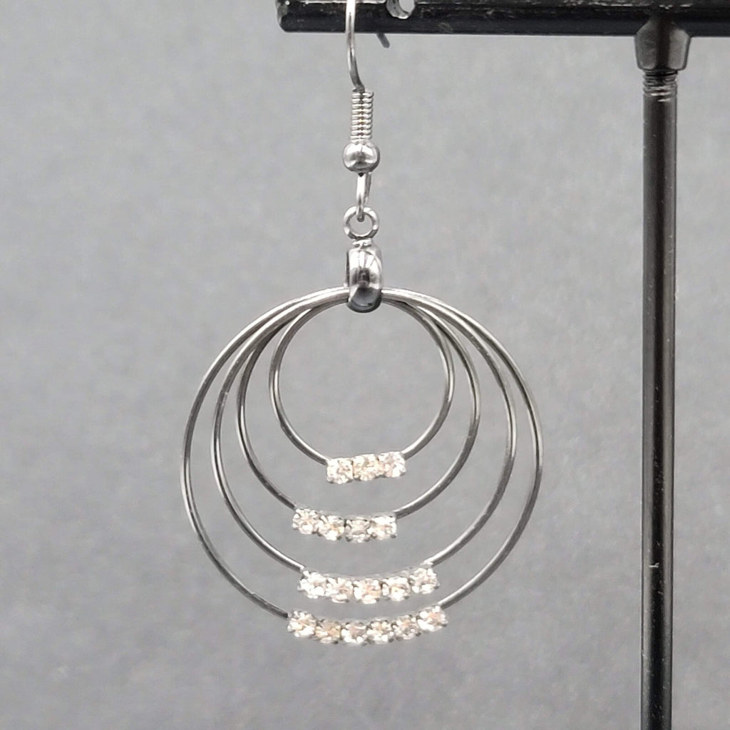 Pierced Earrings Black Metal Crystal Layered Hoops Dangle 1.75"