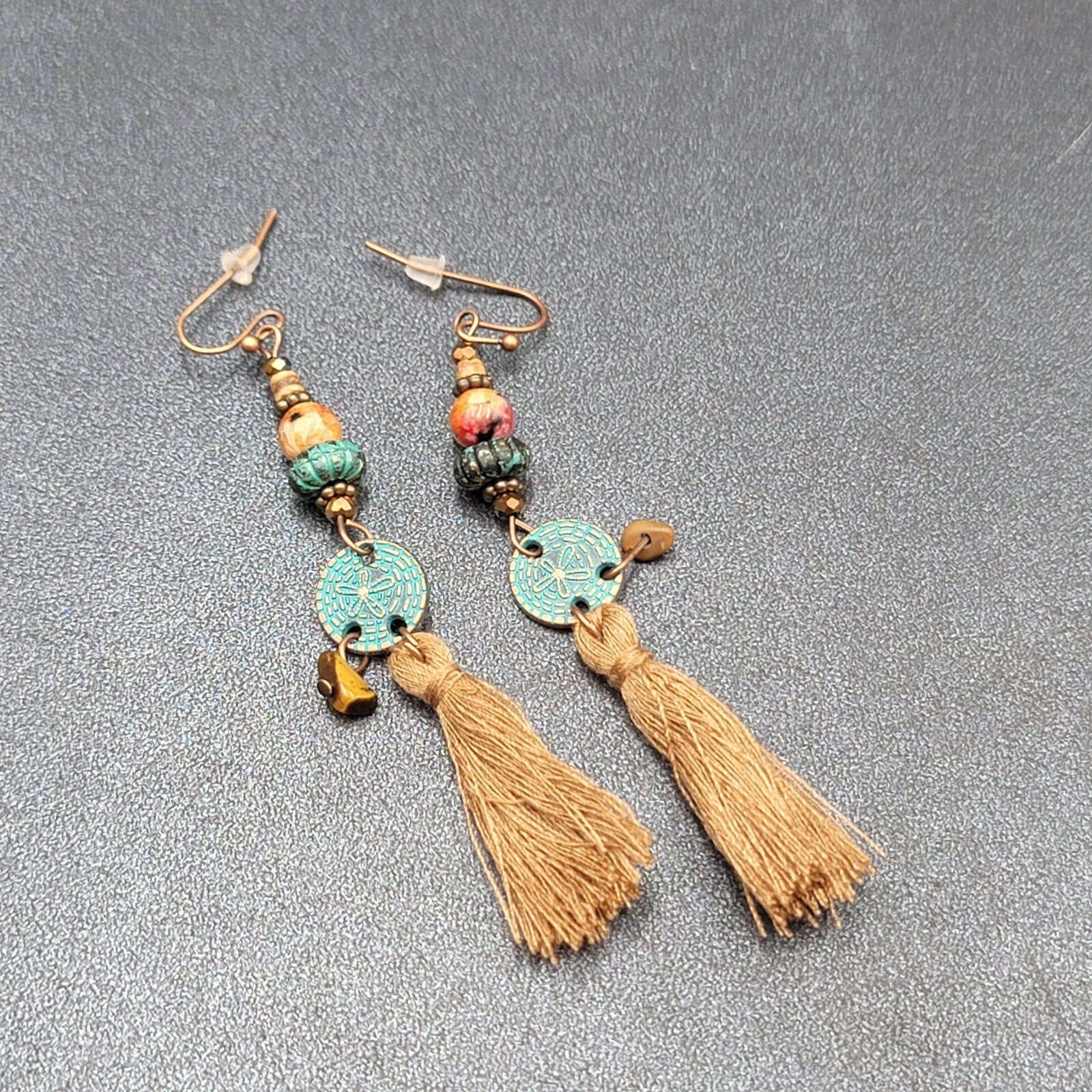 New Boho Pierced Earrings Long Copper tone Brown Tassel Beaded 3"