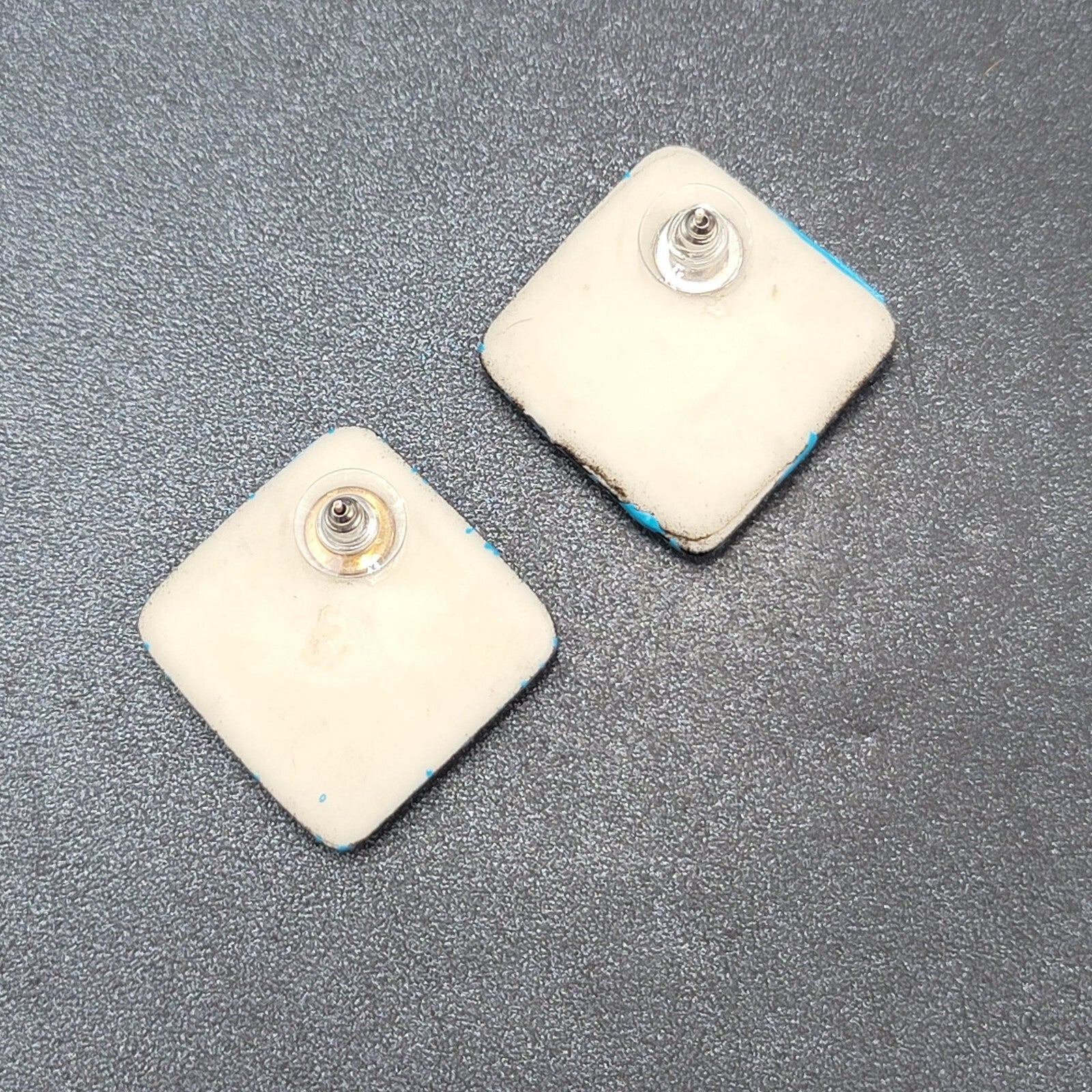 Vintage Pierced Earrings Acrylic Black Blue Enamel Statement Square Drop 1 1/8"