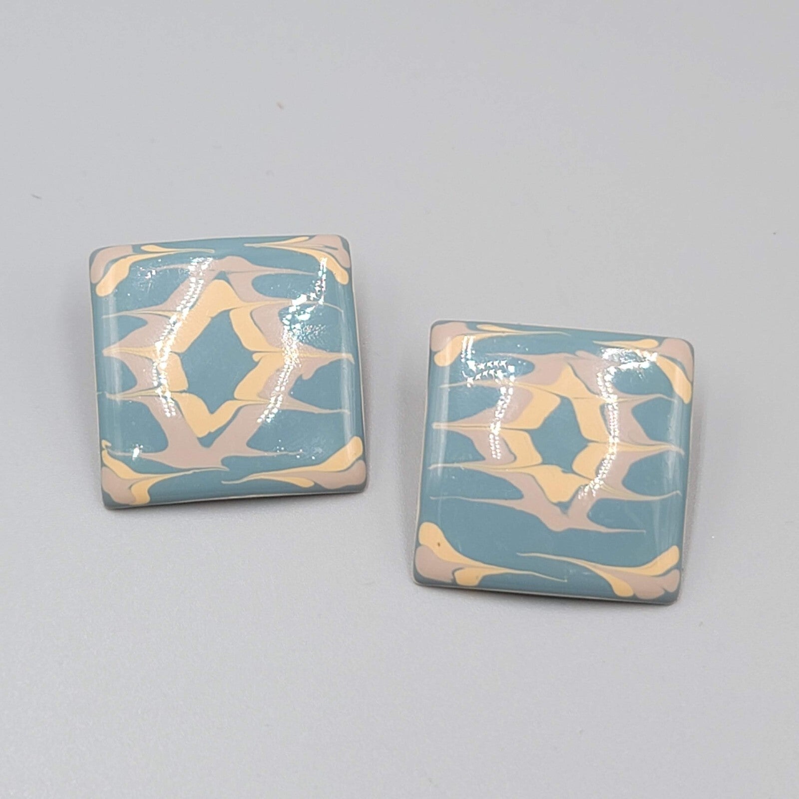 Vintage Pierced EarringsTan Blue Enamel over Metal Square Drop  1 1/8"