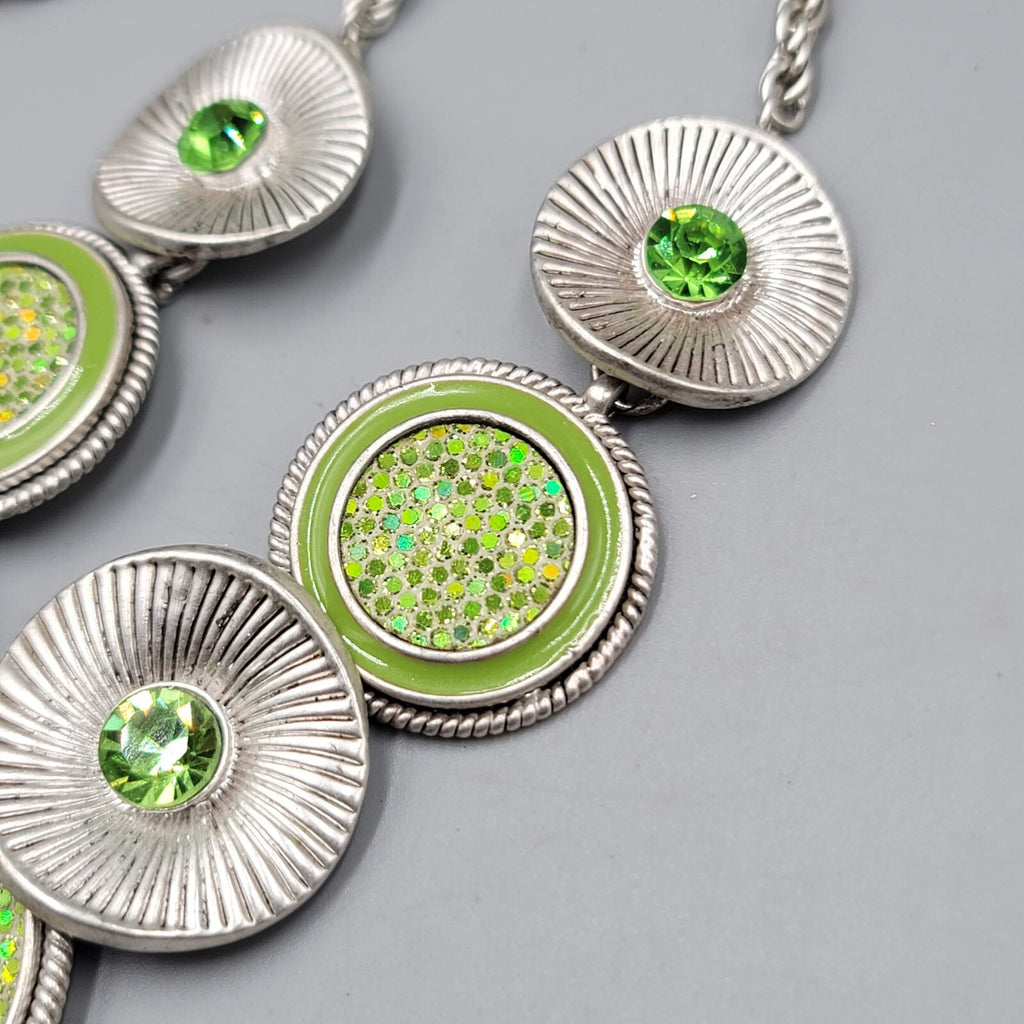 Green Rhinestone Necklace Silver tone Statement Adj 16"-19"