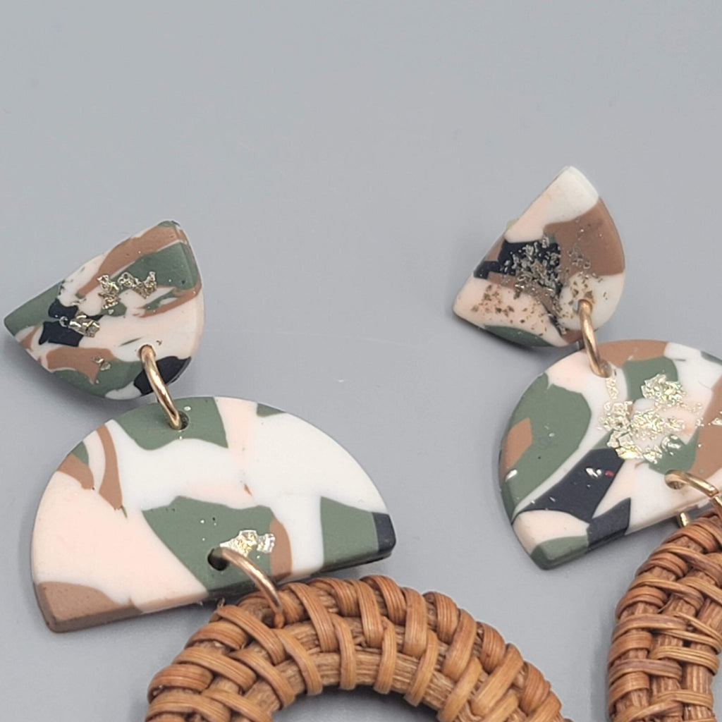 Rattan Multicolor Polymer Clay Pierced Earrings Dangle 2.75"