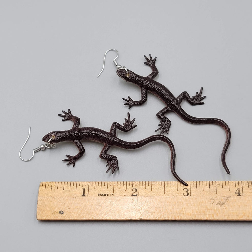 Brown Lizard Pierced Earrings Vinyl Dangle 2.75"