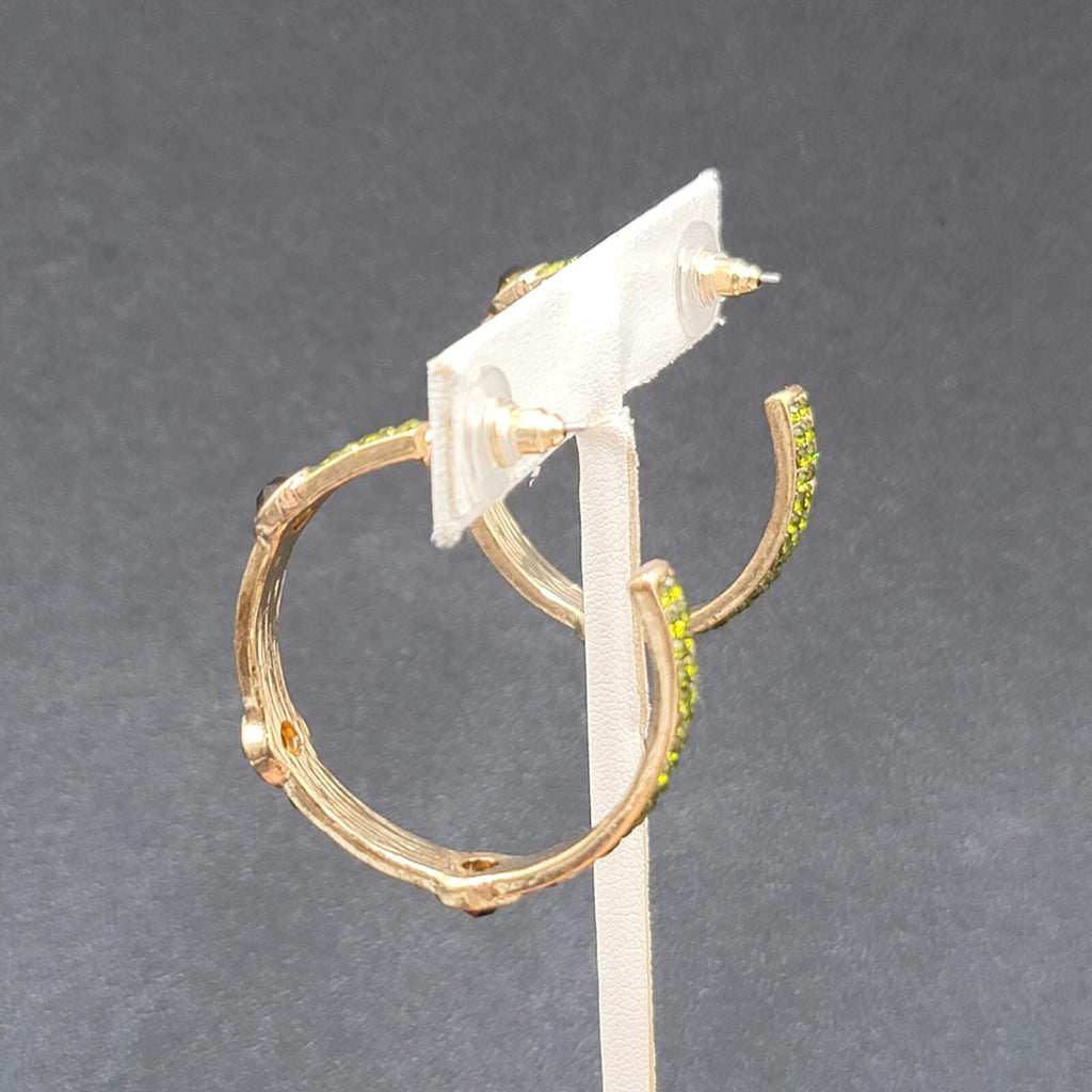 Pierced Earrings Gold tone Green Rhinestone Hoops 1 3/8"
