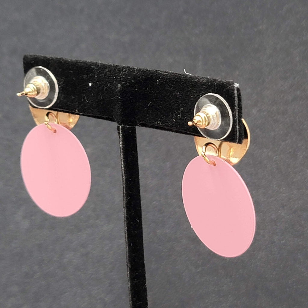 Pierced Earrings Mauve Pink Enamel Gold tone Double Discs Dangle 1 3/8"