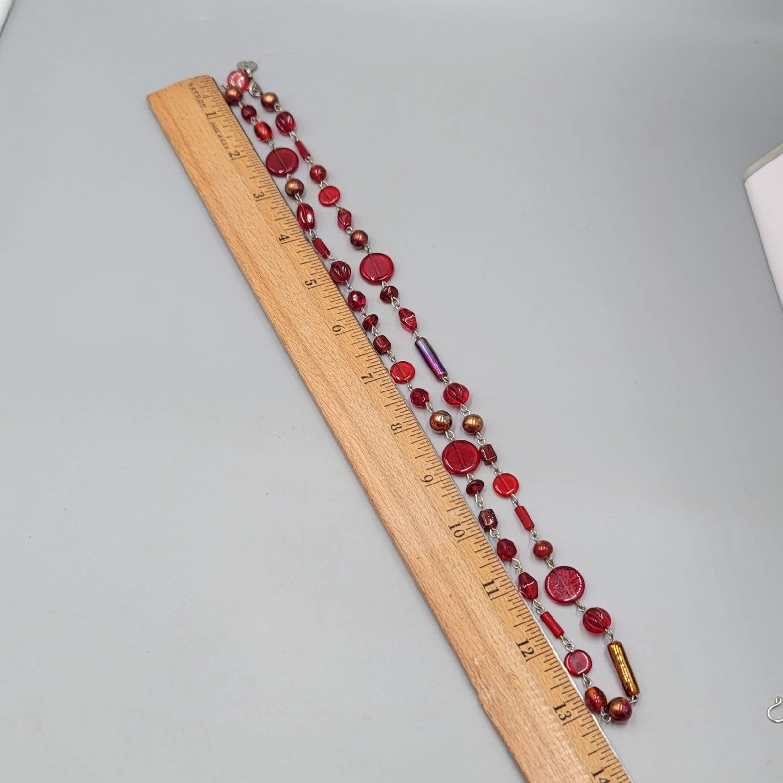 Ann Pedan Red Art Glass Bead Necklace Silver tone Long 26 in