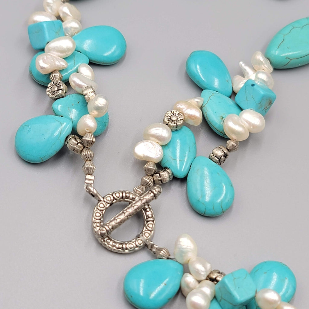 Large Statement Stone Bead Necklace Blue Dyed Howlite Pearl Silver tone Toggle