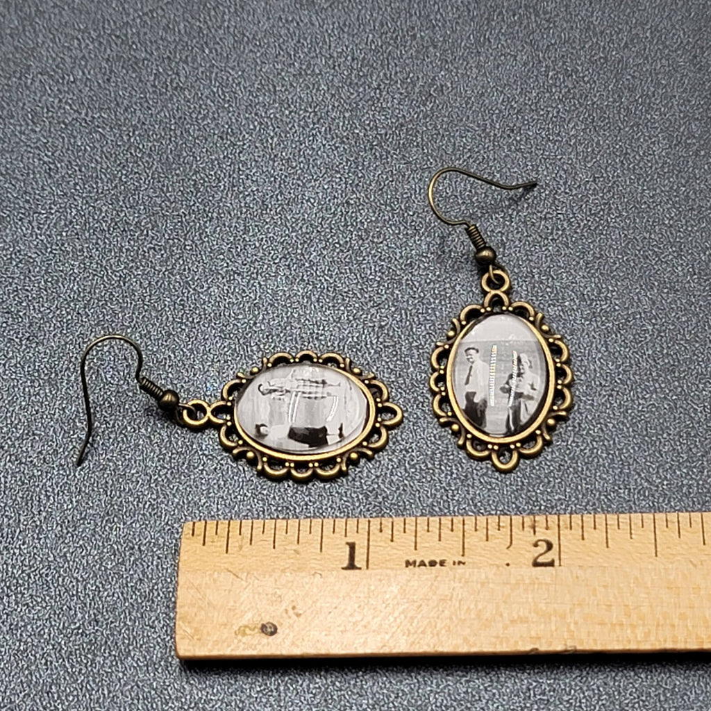 Pierced Earrings Bronze tone Real Photo Glass Cabochon Dangle 1.25"
