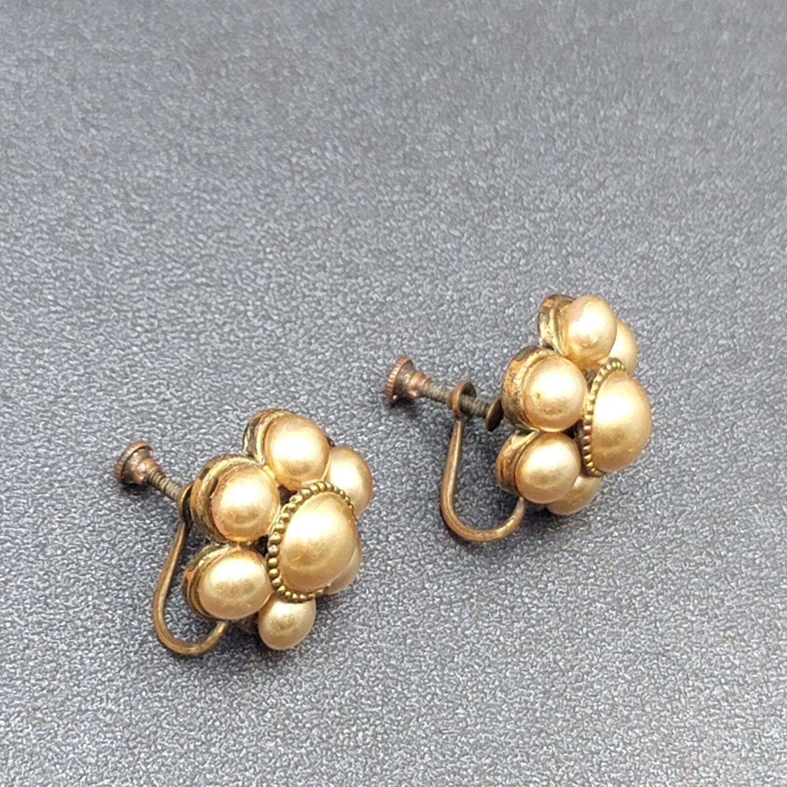 Vintage Clip on Earrings Bronze tone Gold Bead Flower Screw Back Studs 3/4"