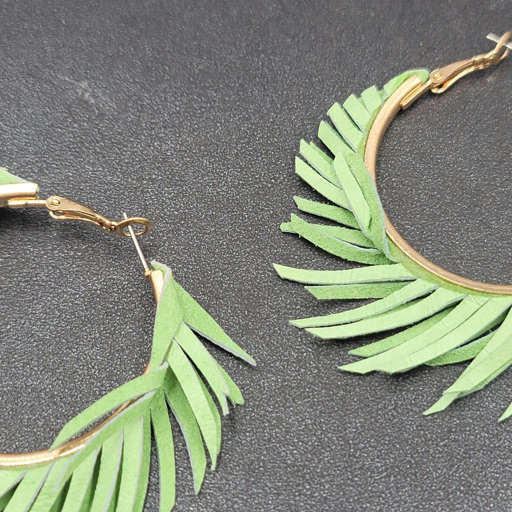 Pierced Earrings Green Fringe Gold tone Hoops Dangle