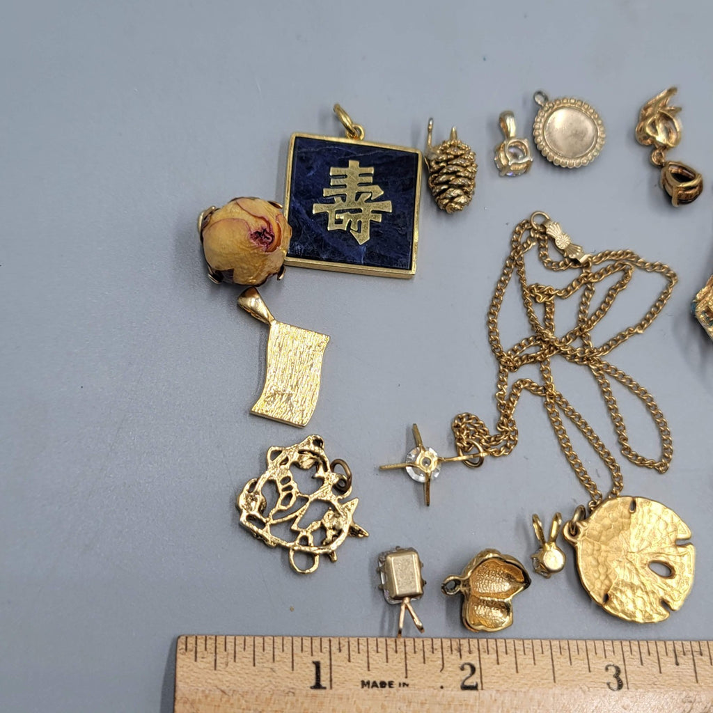 All Gold tone Pendant Lot of 19 Rose Flag Cubic Zirconia & More