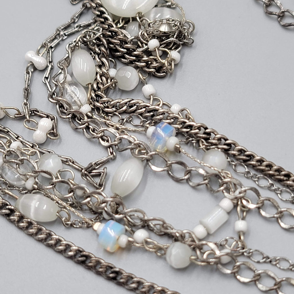 Multi Chain Necklace Silver tone White Cats Eye Bead 28"