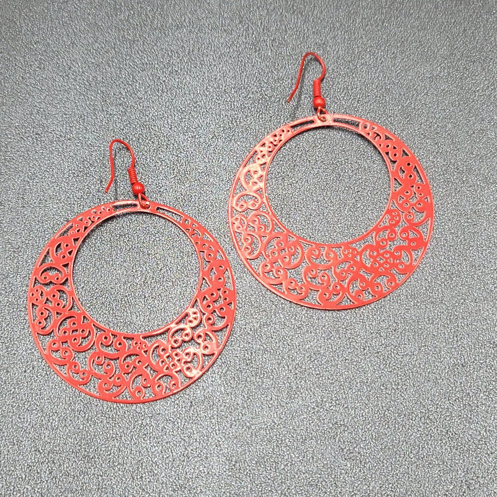Pierced Earrings Red Enamel Filagree Statement Hoops 2"