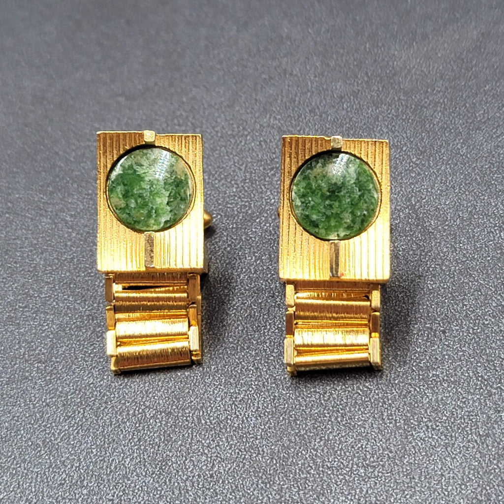 Vintage Gold tone Mesh Wrap Around Cufflinks Jasper Green Marbled Stone