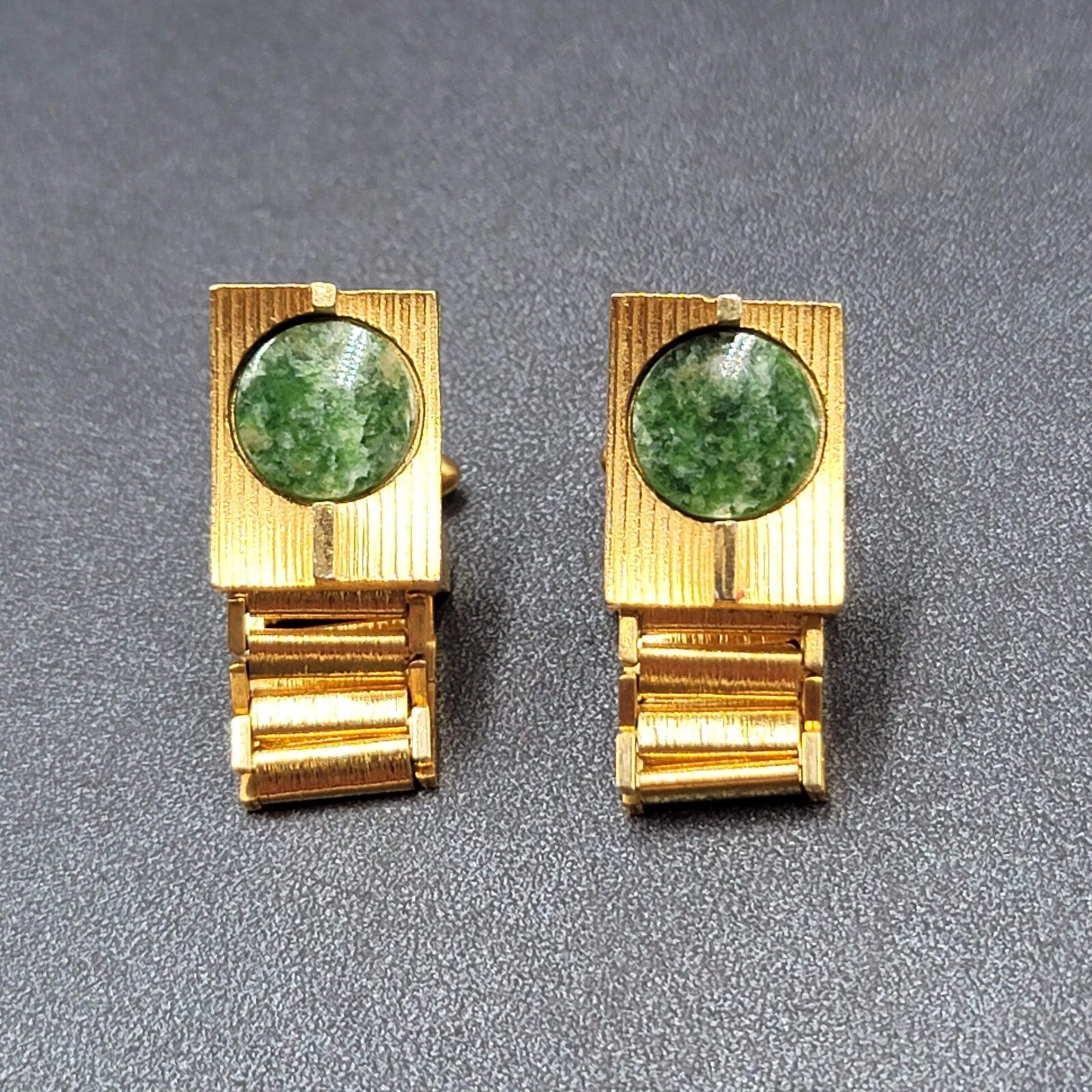 Vintage Gold tone Mesh Wrap Around Cufflinks Jasper Green Marbled Stone
