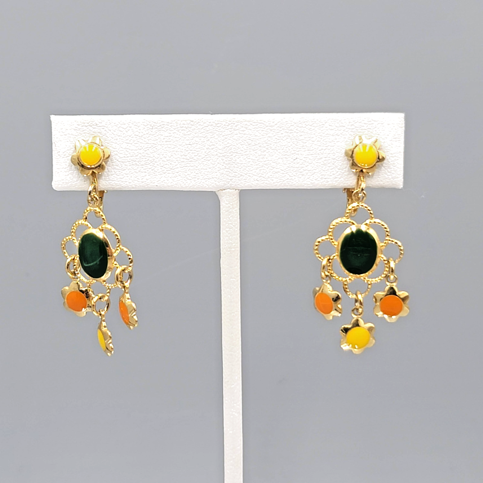 Vtg Celebrity Clip on Earrings Gold tone Dangle Orange Green Yellow Enamel 1.25"