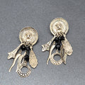 Boho Pierced Earrings Silver tone Black Beads Dangle Charms 2.25"