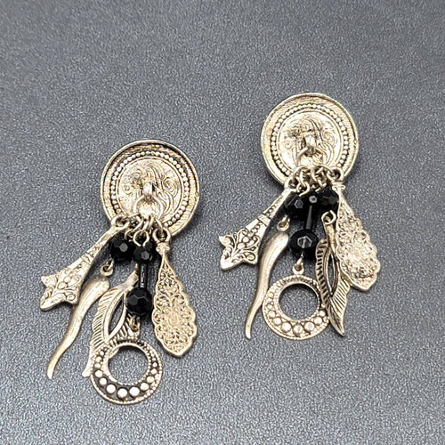 Boho Pierced Earrings Silver tone Black Beads Dangle Charms 2.25"