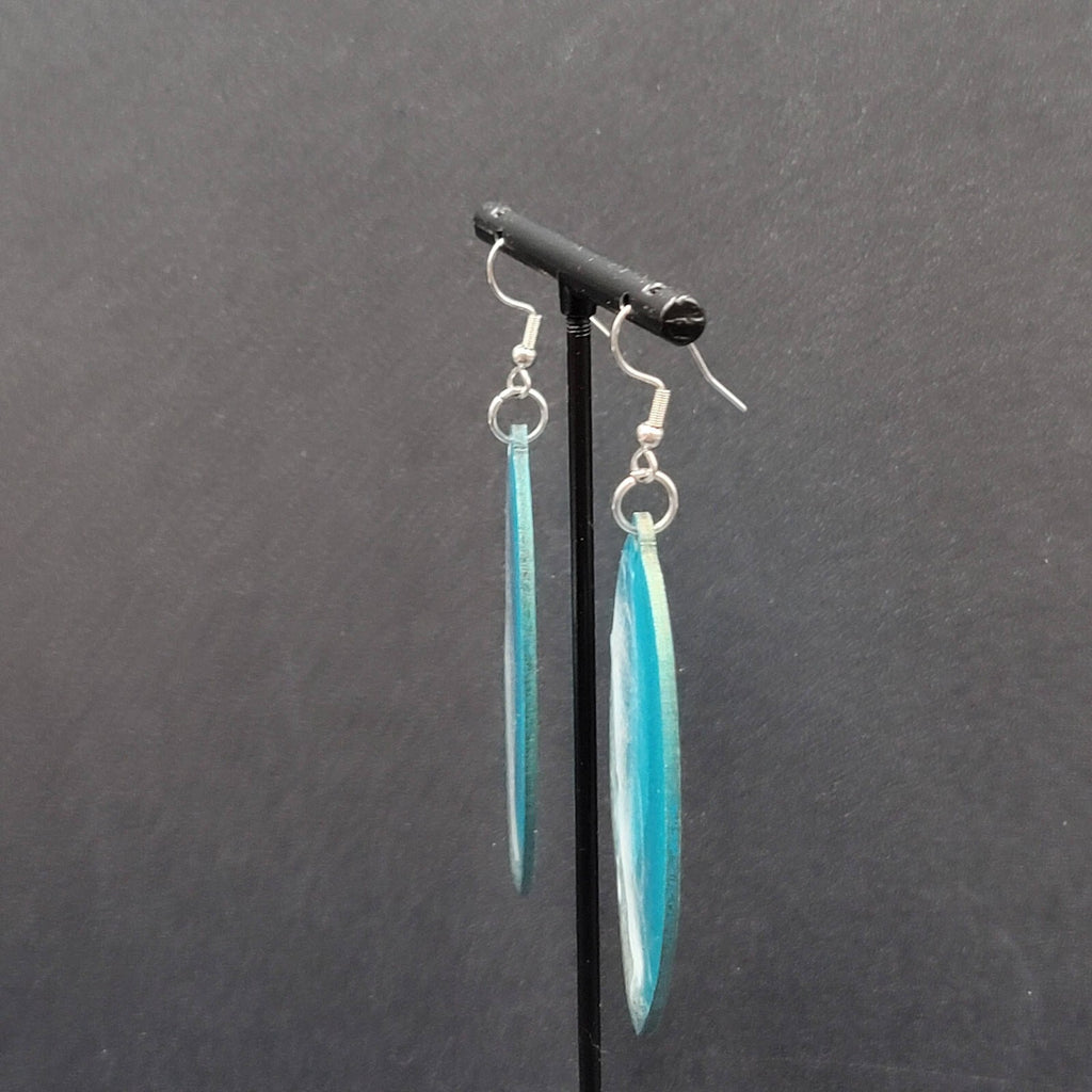Pierced Earrings Silver tone Resin on Wood Ocean Beach Scene Large Dangle 2.5"