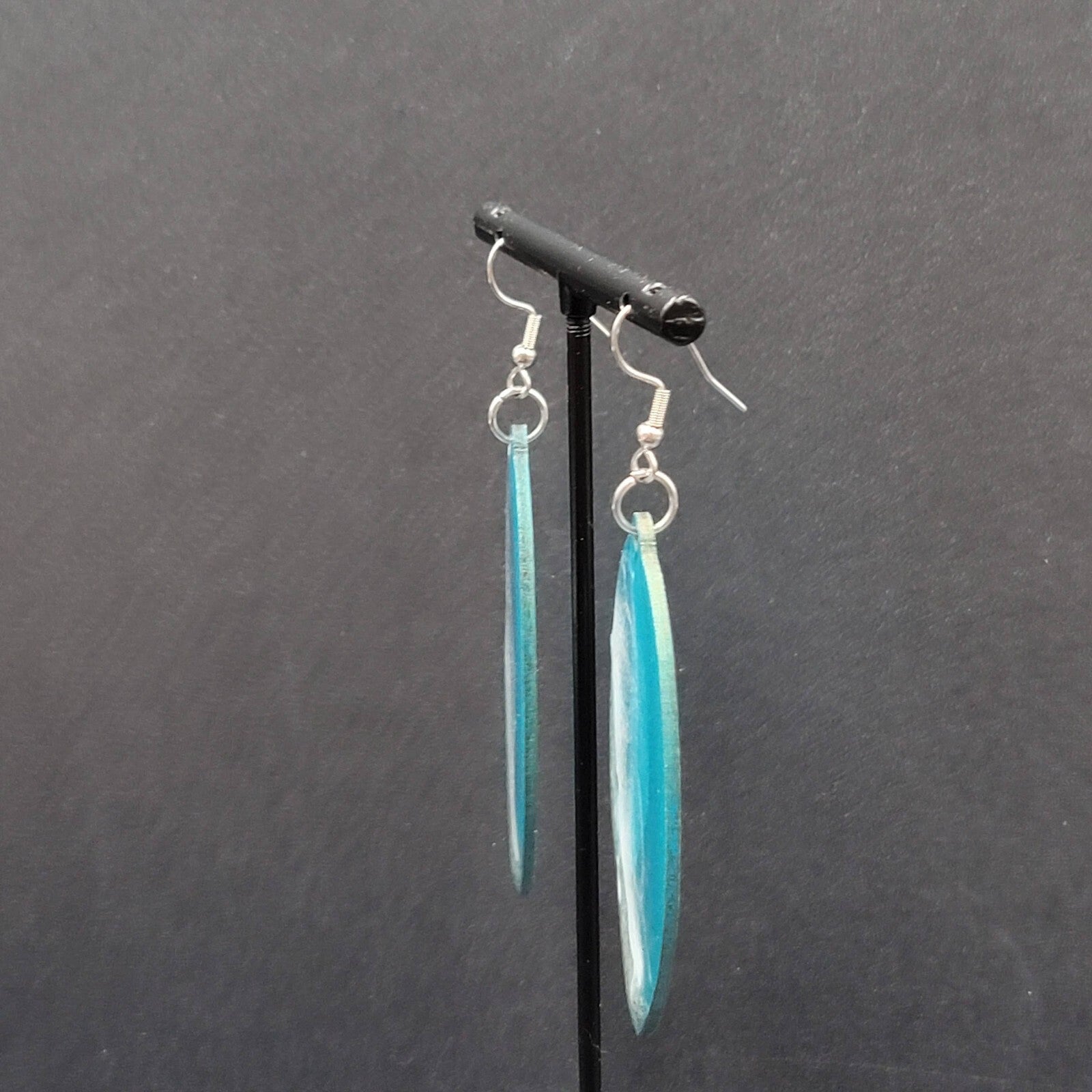 Pierced Earrings Silver tone Resin on Wood Ocean Beach Scene Large Dangle 2.5"