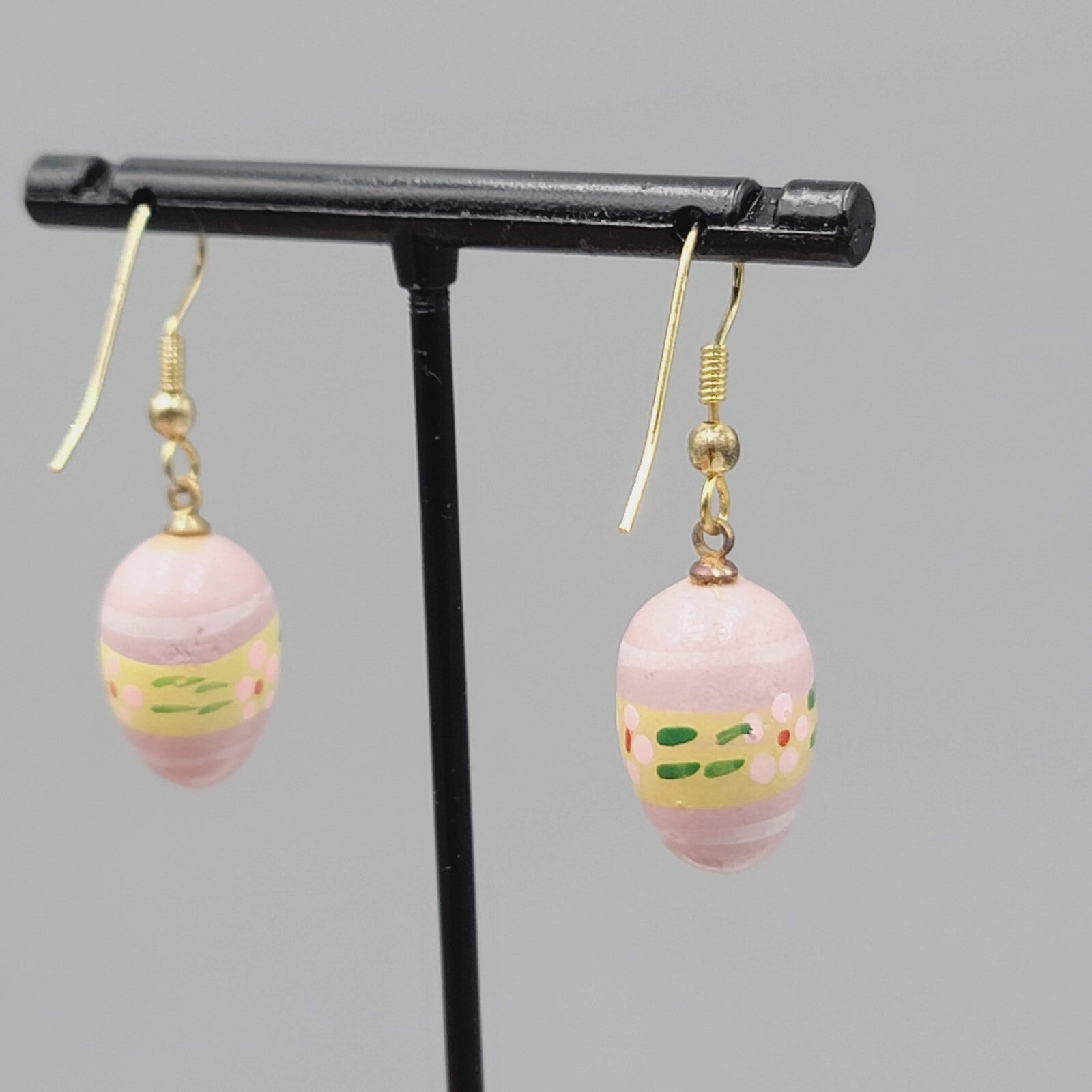 Vintage Pink Easter Egg Pierced Earrings Hand Painted Wood Dangle 7/8"