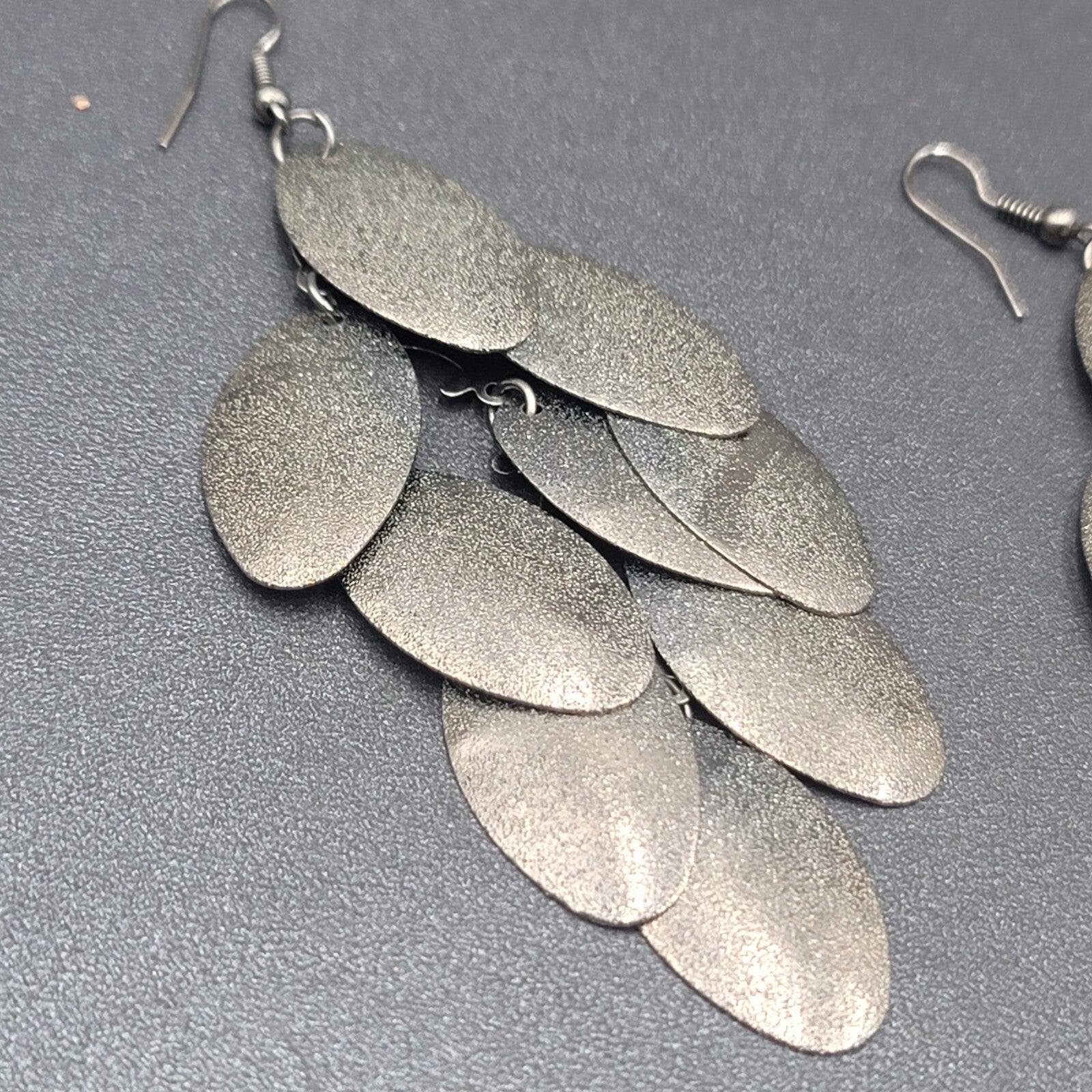 Pierced Earrings Gunmetal Gray Textured Layered Chandelier Dangle 4"