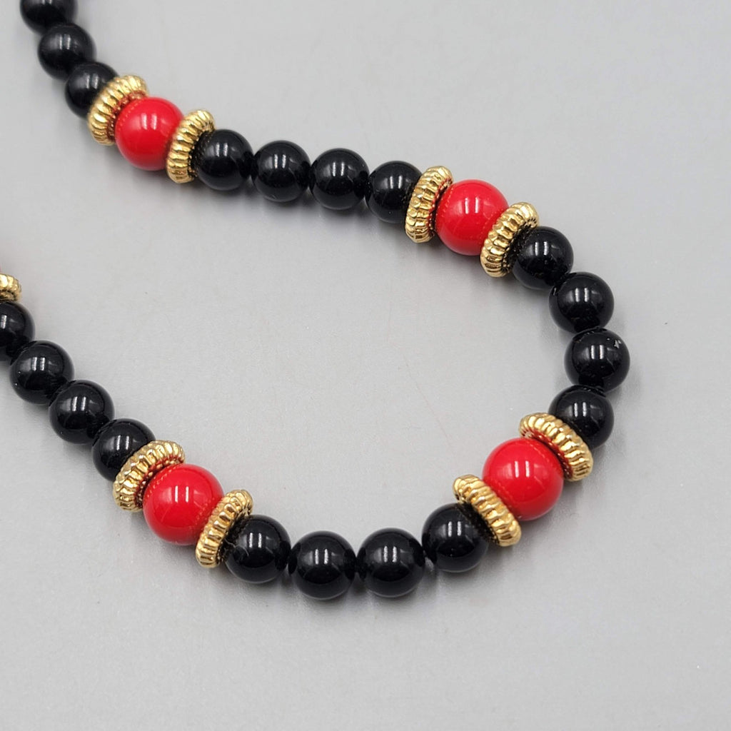 Vintage Black Red Bead Necklace Gold tone 32" Estate Costume Jewelry