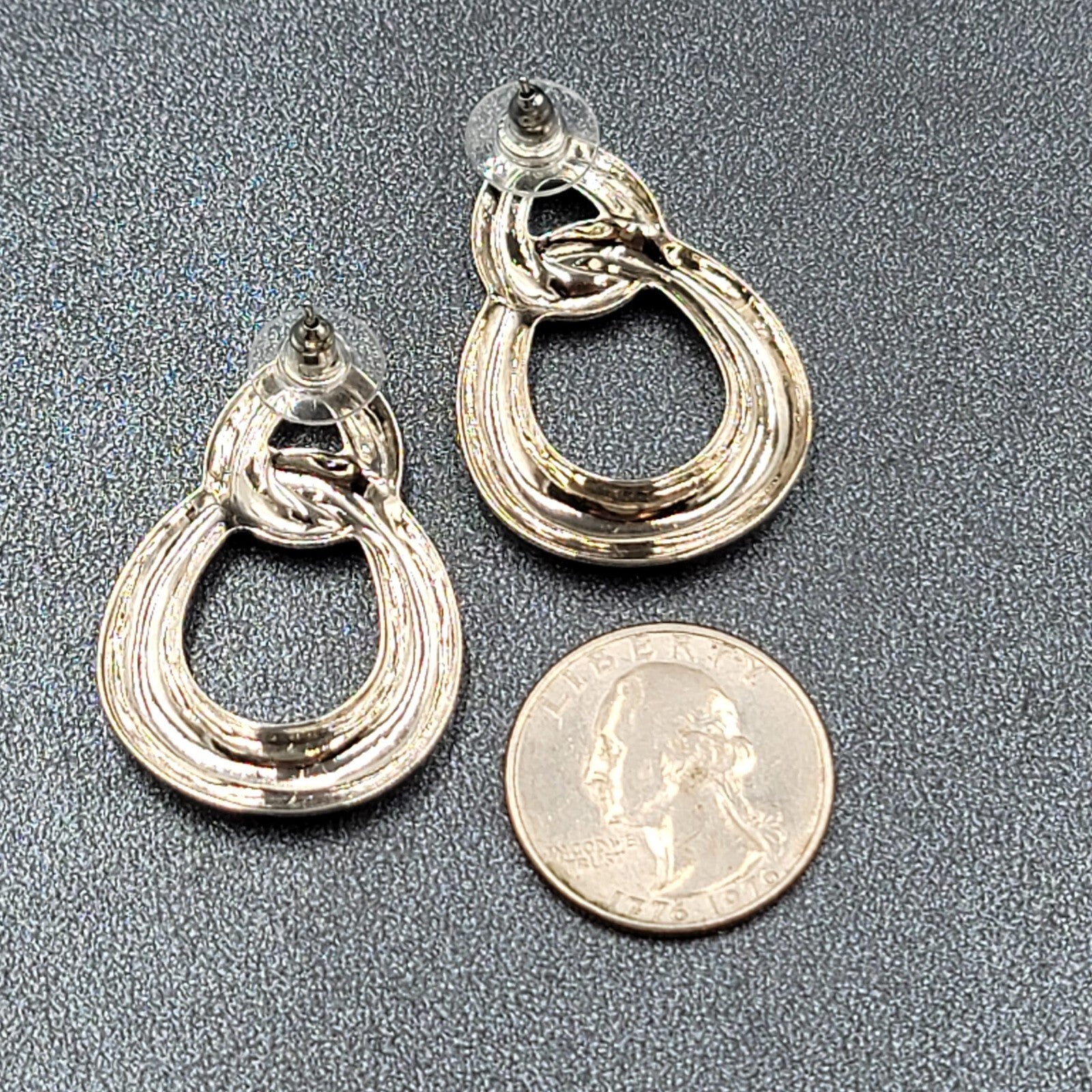 Pierced Earrings High Polish Silver tone Double Loop Drop 1 3/8"