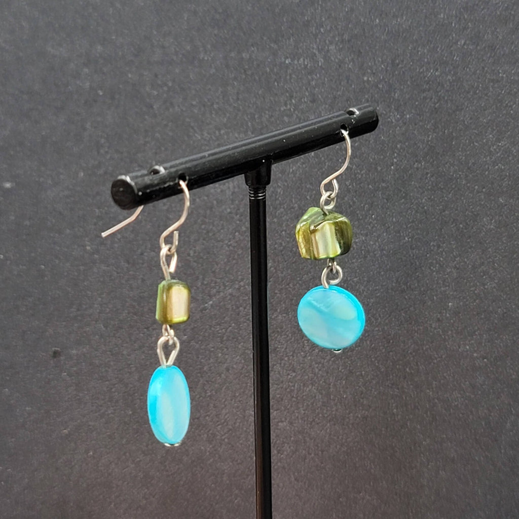 Pierced Earrings Green Blue Shell Bead Dangle Silver tone Hooks 1"