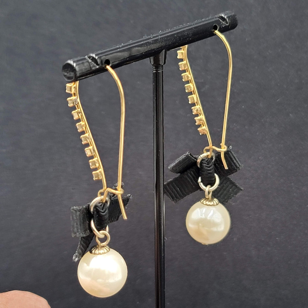 Pierced Earrings Gold tone Rhinestone Faux Pearl Black Grosgrain Ribbon Bow 2"