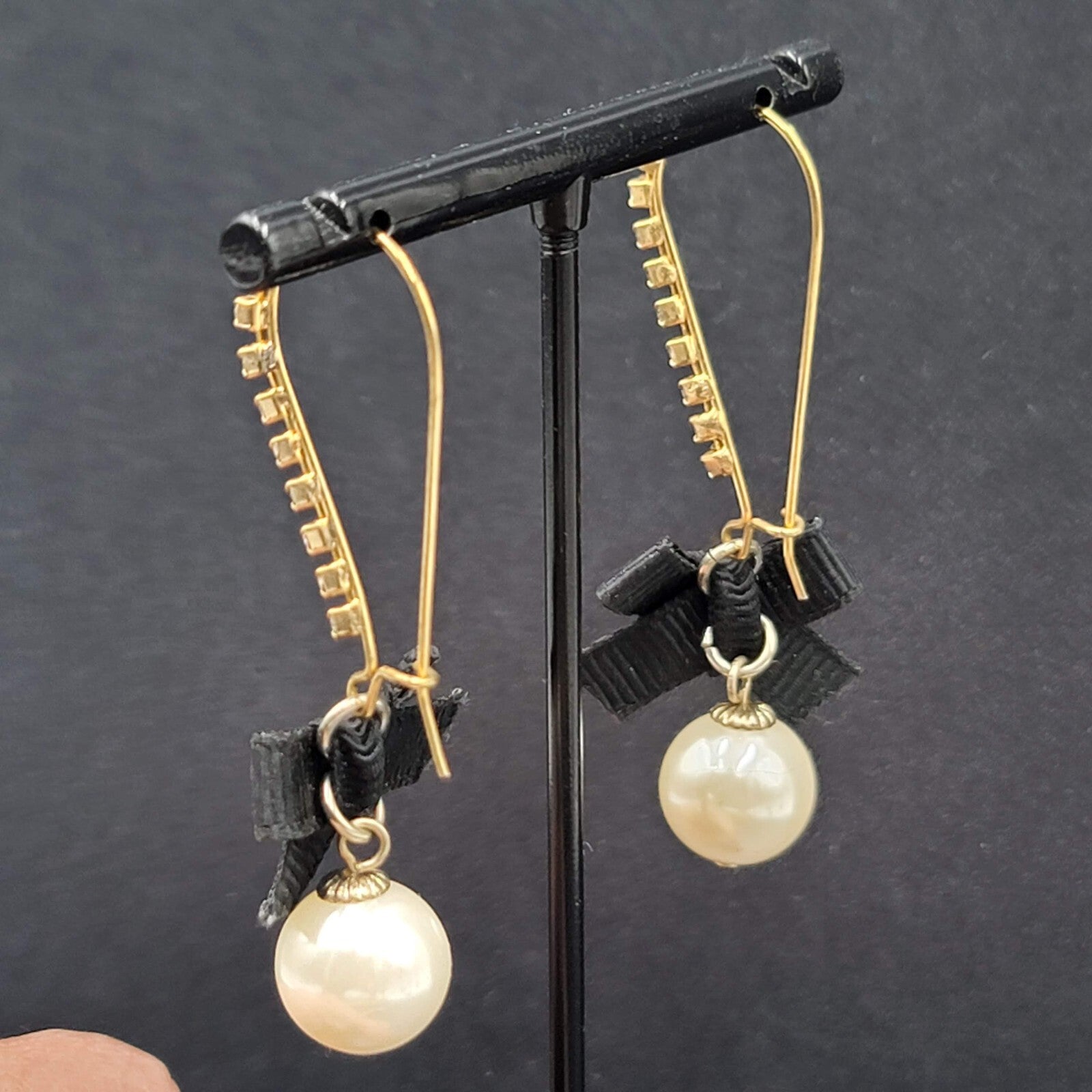 Pierced Earrings Gold tone Rhinestone Faux Pearl Black Grosgrain Ribbon Bow 2"