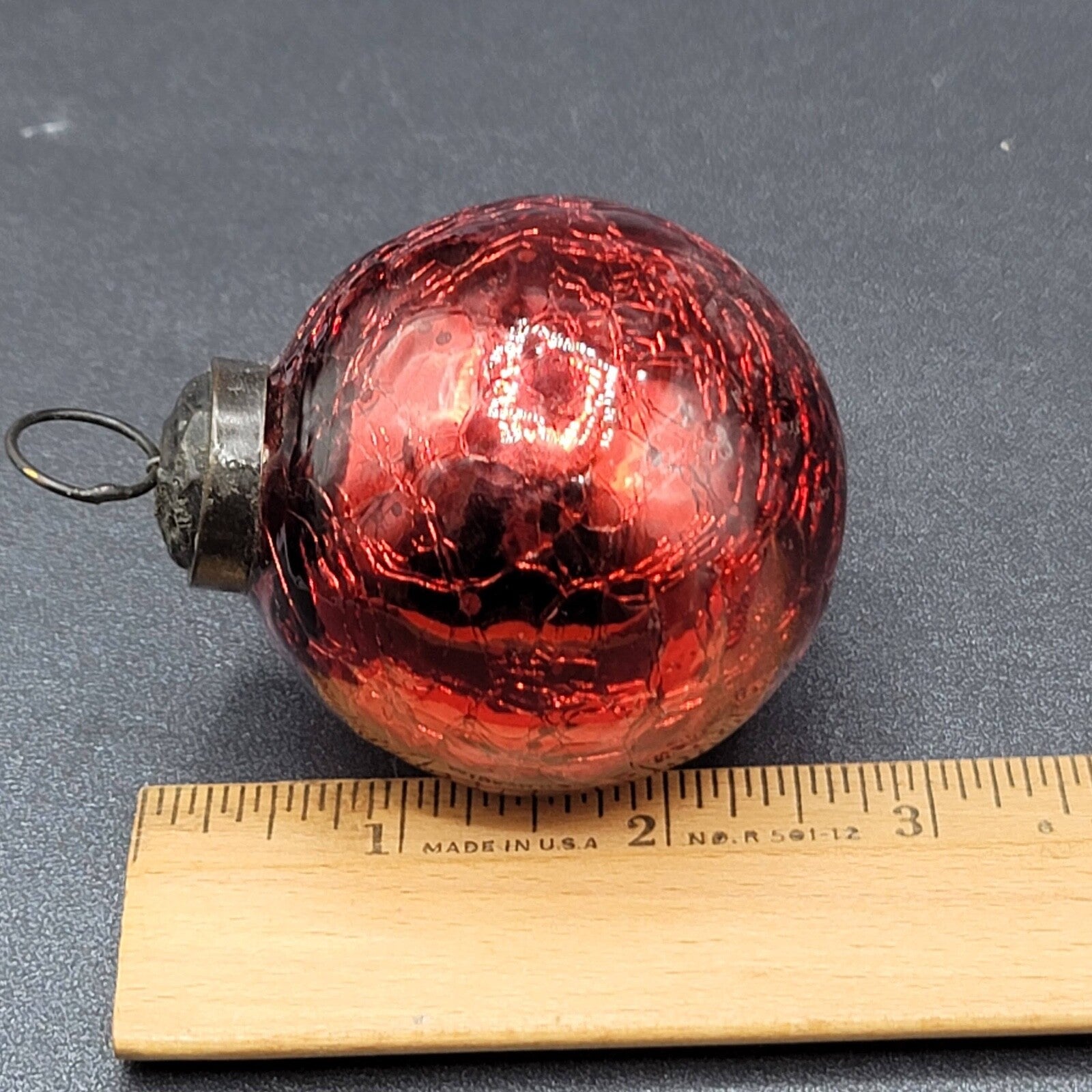 Vintage Kugel Style Red Blown Glass Ball Christmas Ornament Bronze top 2"