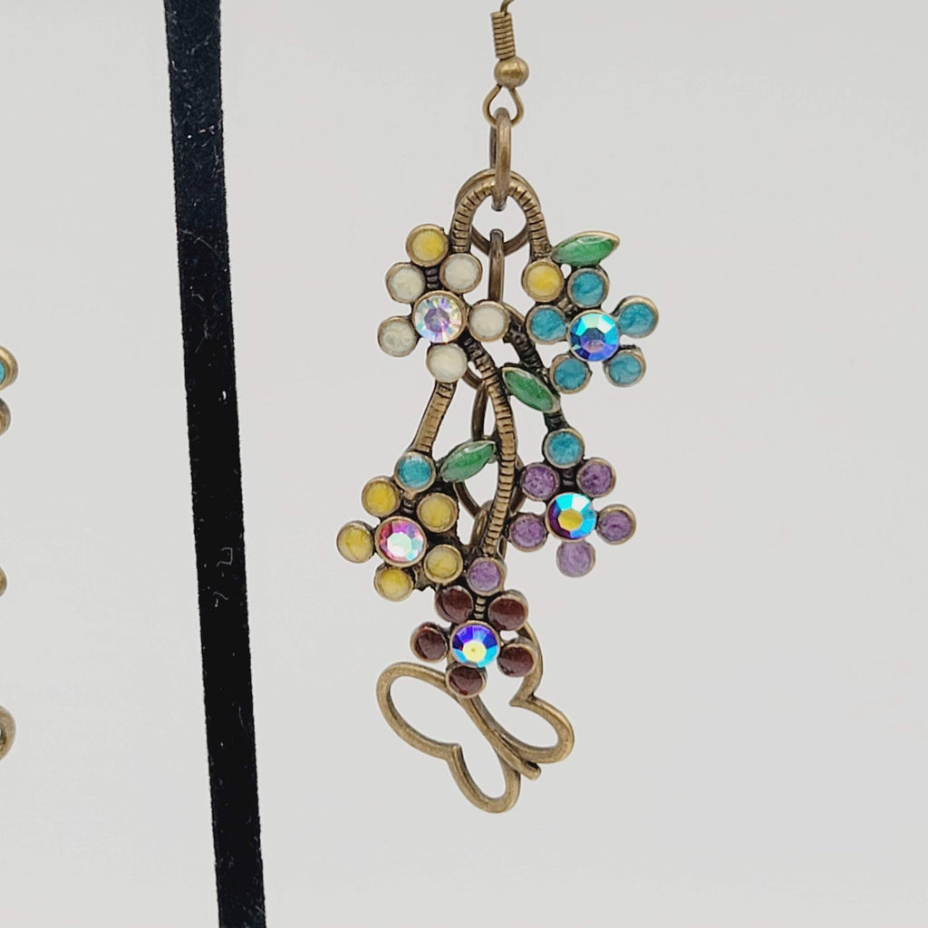 Multicolor Crystal Flowers Butterfly Pierced Earrings Bronze tone Dangle 2 in