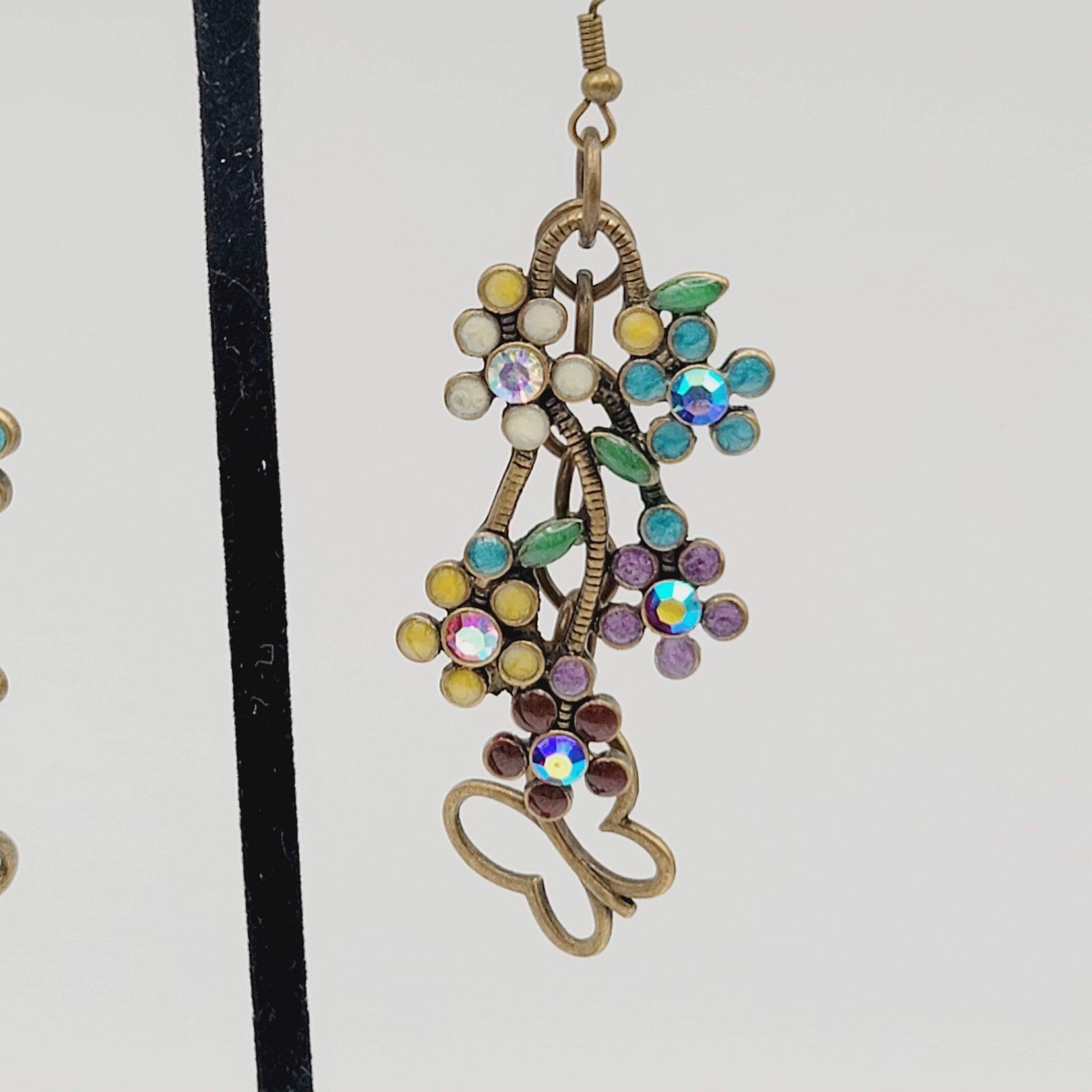 Multicolor Crystal Flowers Butterfly Pierced Earrings Bronze tone Dangle 2 in